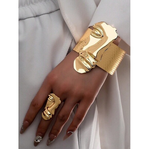 Jewelry - Gold Abstract Mask Design Bracelet Ring Set, Gold Jewelry Set For , Overs Dainty